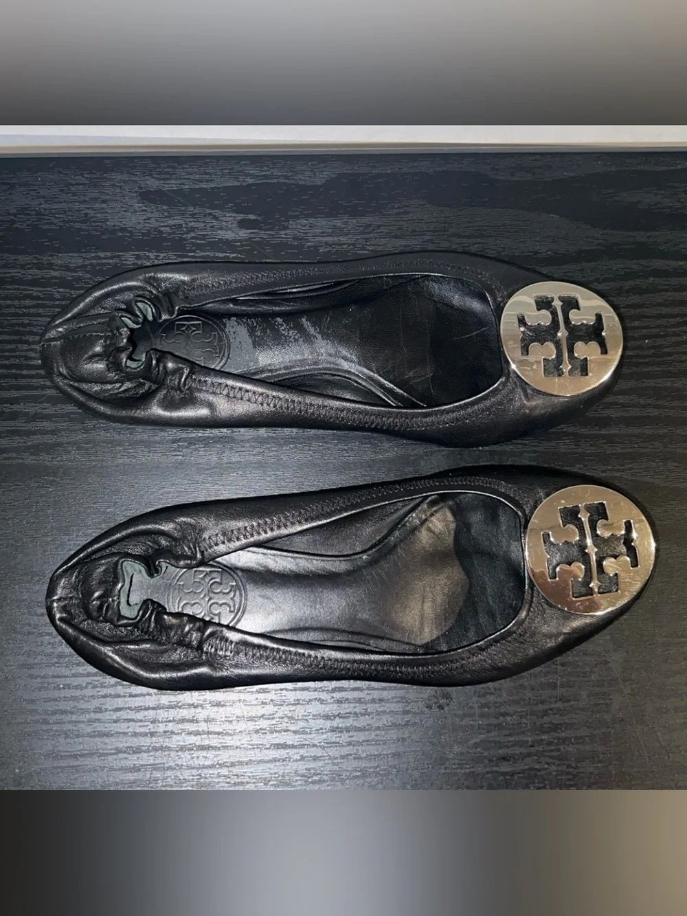 Tory Burch Black Leather Ballet Flat with Gold Medallion